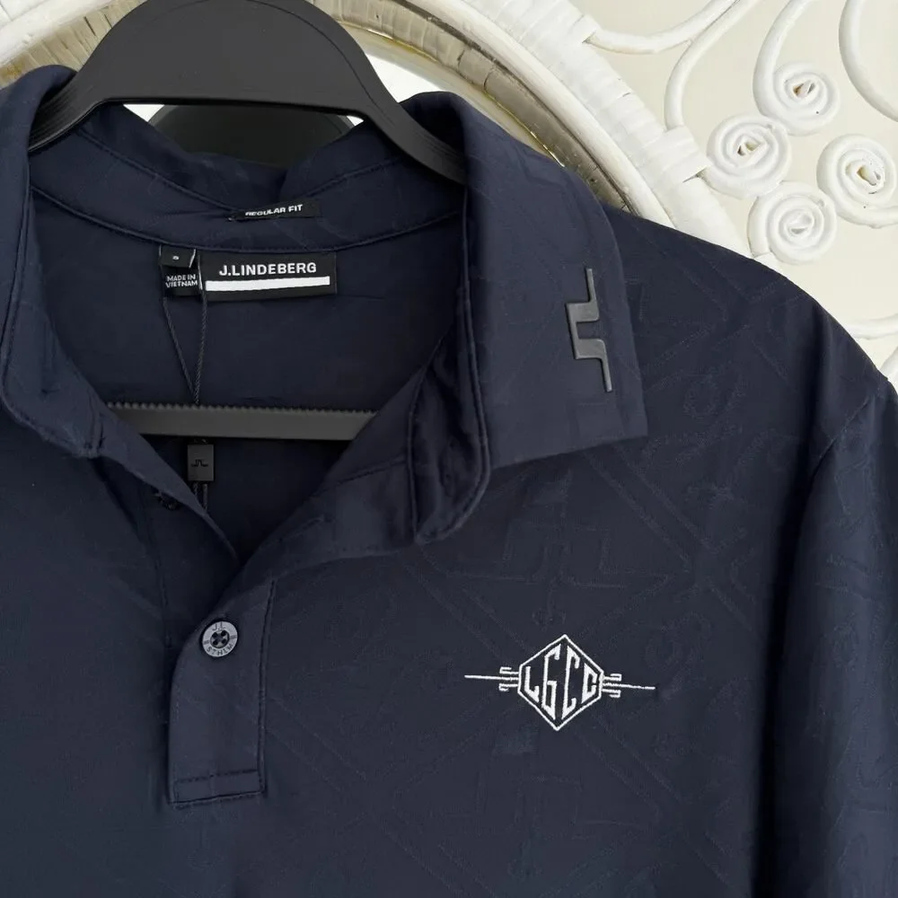 J.Lindeberg Polo Shirt Men Small JL Navy Jacquard Golf Performance La Gorce Club